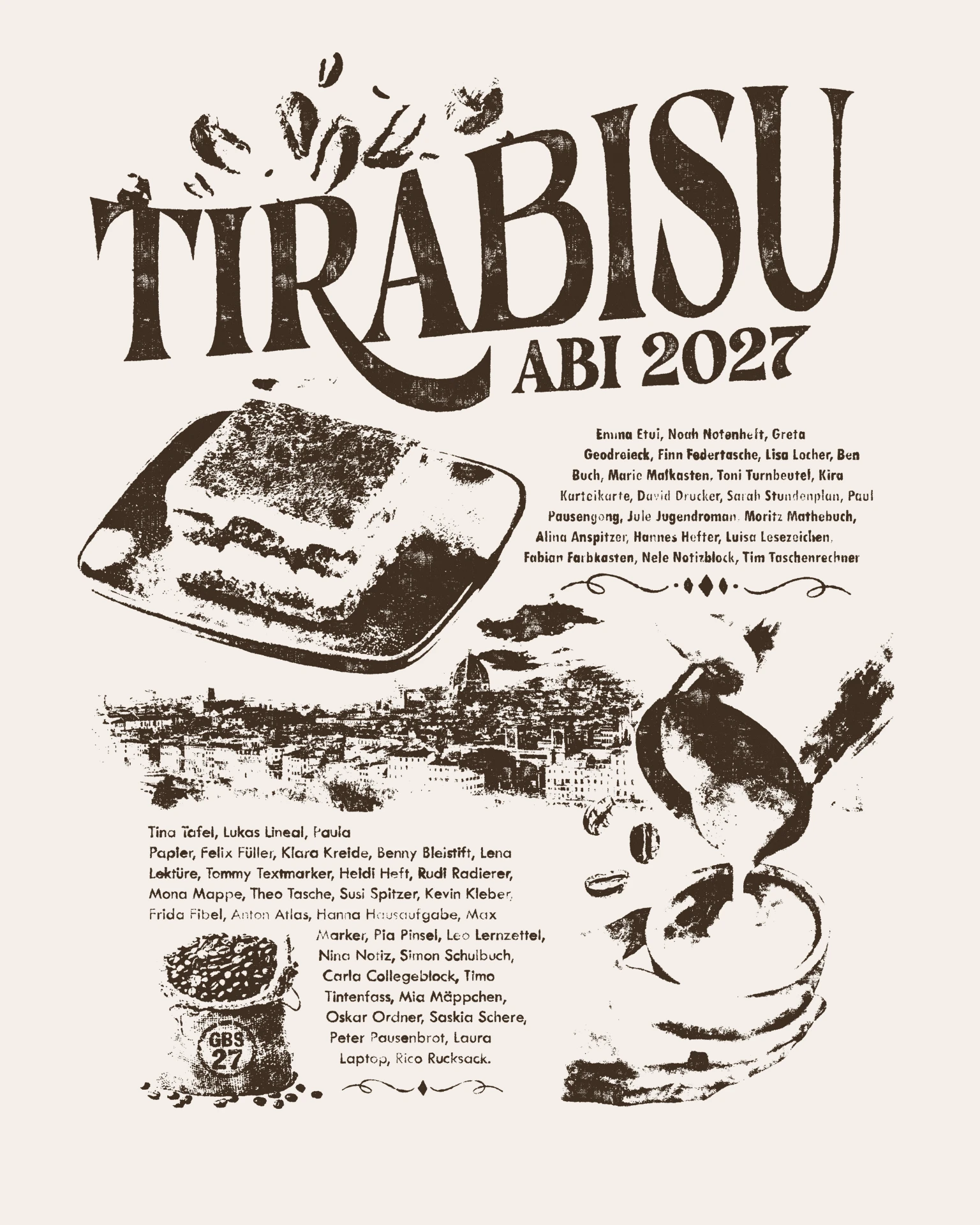 Tirabisu Abi 2027 – Tiramisu Dessert Stadtansicht Namenslisten Vintage Creme Dunkelbraun