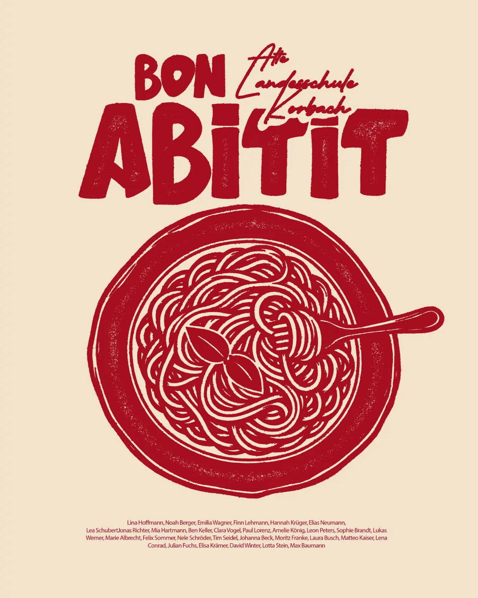 Bon Abitit – Spaghetti Teller Gabel Namenslisten Vintage Rot Creme
